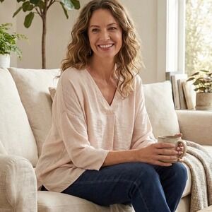 J‎ Jill Bisque Pink Nude V Neck Tunic Top Woven Front Knit Sleeve Size Large NWT